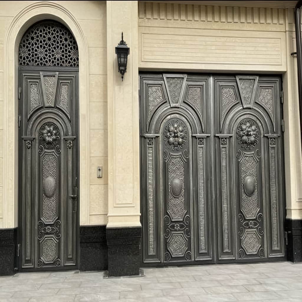 درب فلزی حیاط و پارکینگ با رنگ مشکی و جزئیات طلایی