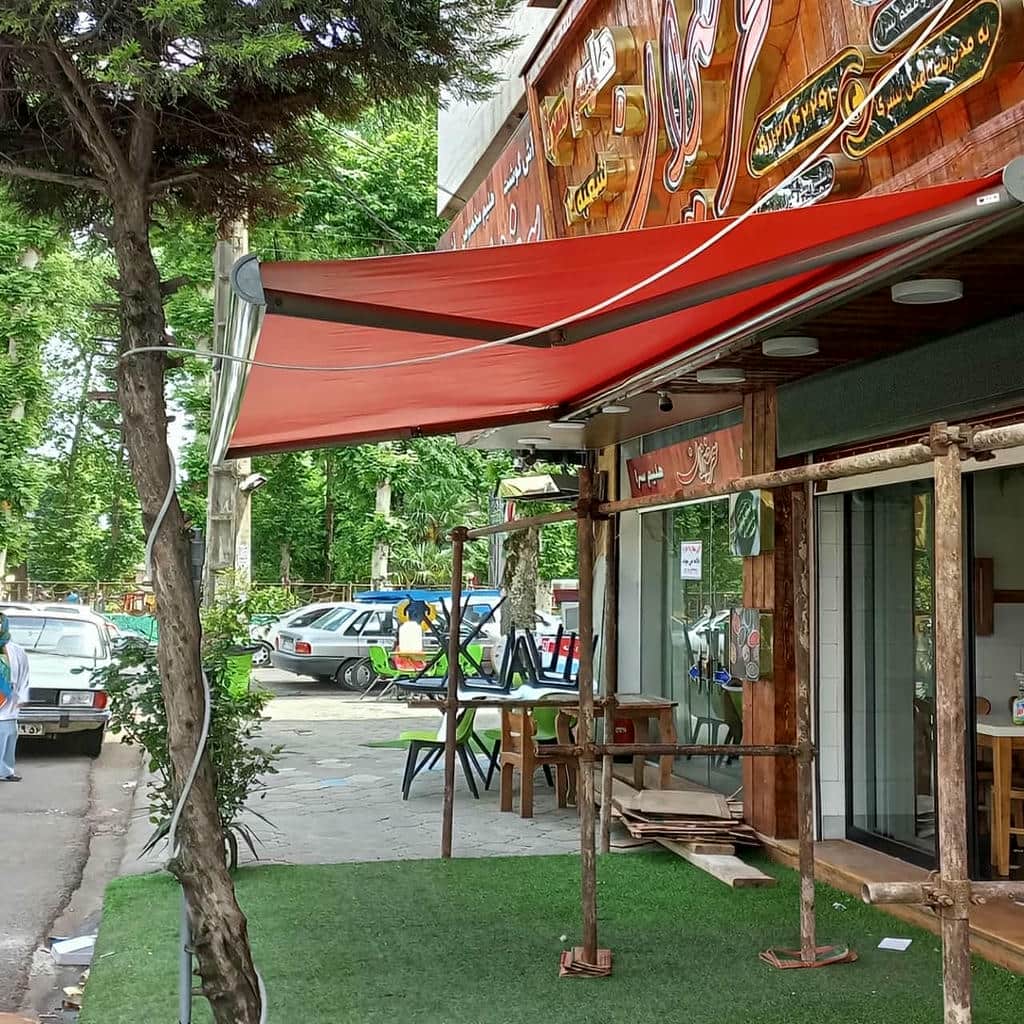 سایبان برقی در استان اردبیل با پارچه هماهنگ با نما