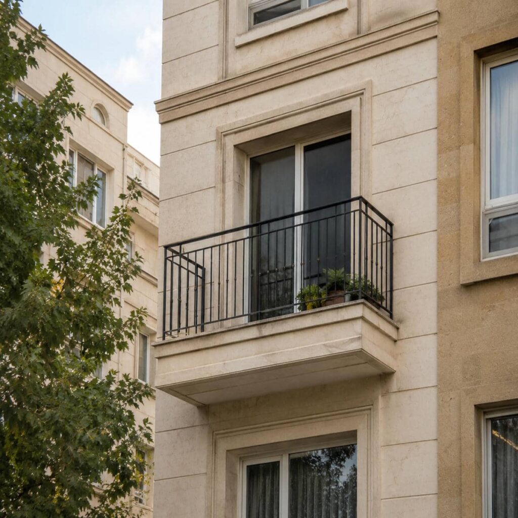 نرده بالکن در زاهدان با رنگ سفید برای نمای روشن