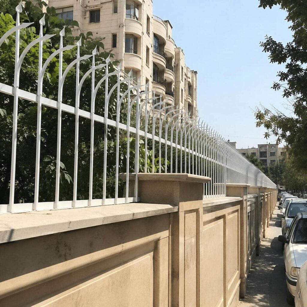 نمای سفارش نرده سرنیزه‌ای متراکم روی دیوار محوطه